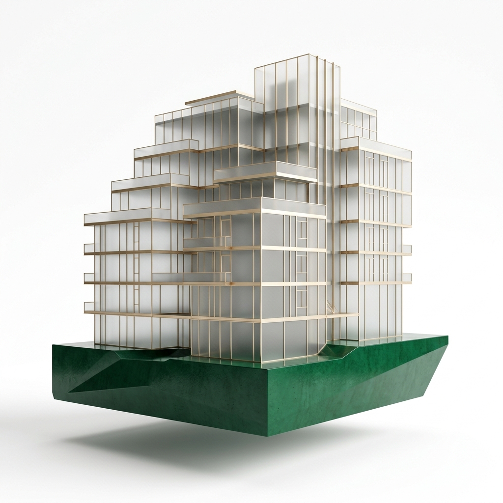 3D architektonickĂ˝ model luxusnĂ­ rezidenÄŤnĂ­ budovy z mrazenĂ©ho skla a smaragdu